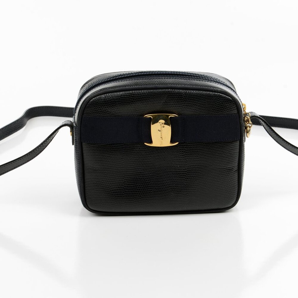 Salvatore Ferragamo Vara Black Ribbon Lizard-Embossed Cross-body bag